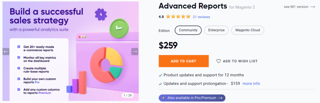Amasty's advanced reports' product page showing the key features and pricing plans