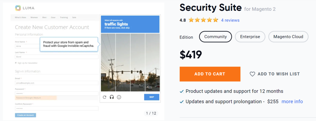 Amasty's SEO suite product page showing the pricing plans and key features