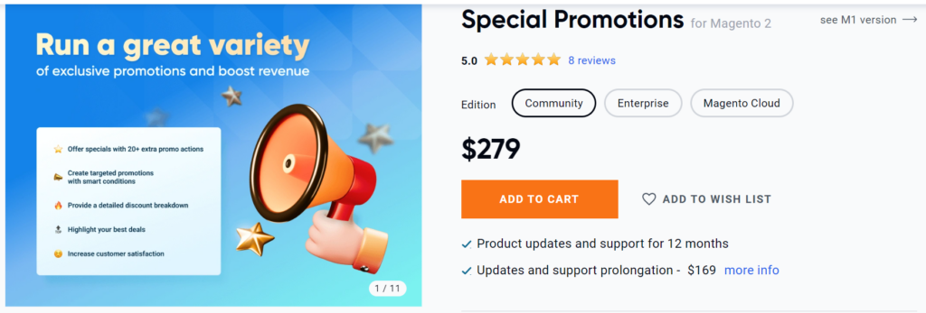Amasty's special promotions' product page showing the main features and pricing plans