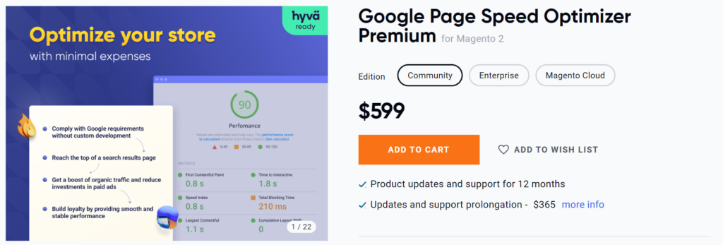 Amasty's Google page speed optimizer product page showing the key features and price plans