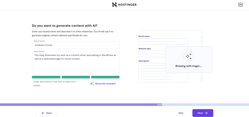 Hostinger WordPress onboarding, where user can generate content with AI