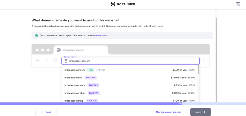 Hostinger WordPress onboarding, where user register a domain name