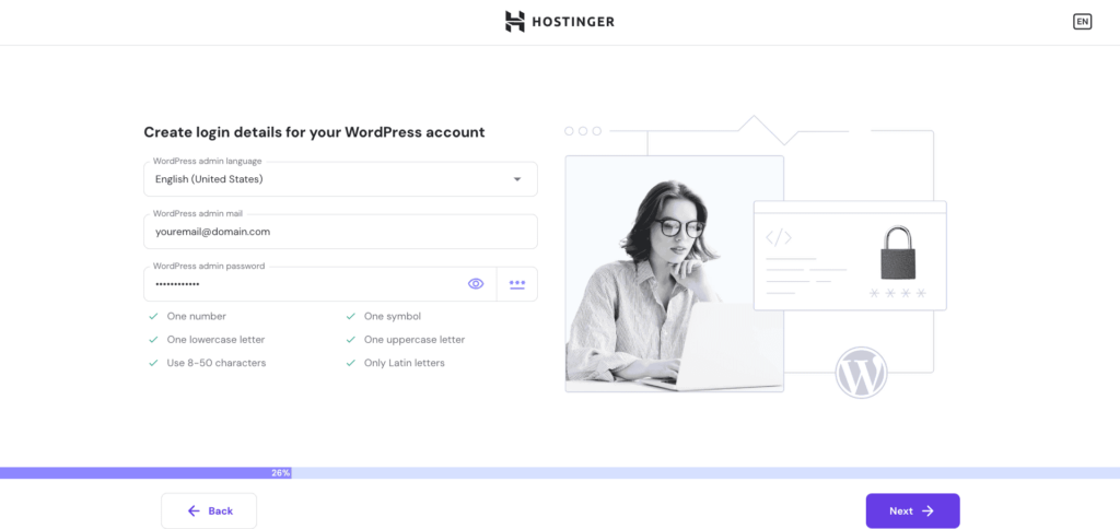Hostinger WordPress onboarding, prompting user to fill in login details