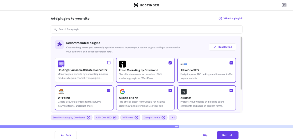Hostinger WordPress onboarding, prompting user to add plugins