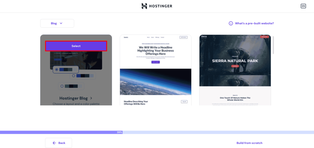 Hostinger WordPress onboarding, prompting user to choose a pre-built website