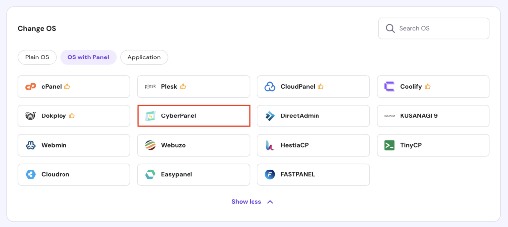 The CyberPanel template in the VPS Operating System page of hPanel
