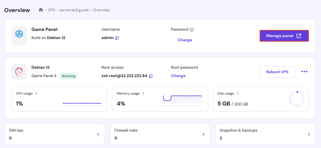 The Manage panel button in the VPS Overview page of hPanel