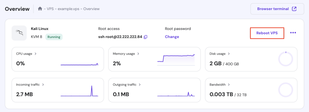 The Reboot VPS button in the VPS Overview page of hPanel