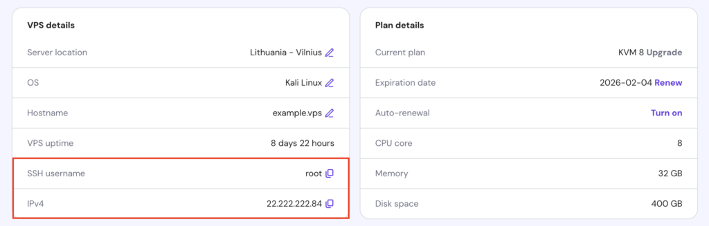 The SSH username and IPv4 information in the VPS Overview section of hPanel