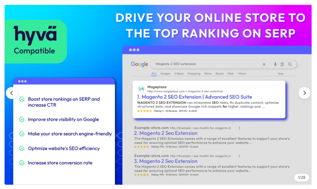Mageplaza's SEO extension homage showing the extension's key features
