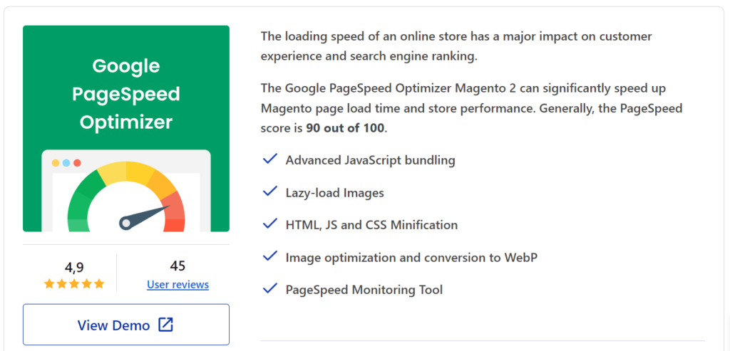 Mirasvit's Google page speed optimizer's product page showing the overview, logo, user reviews, and rating