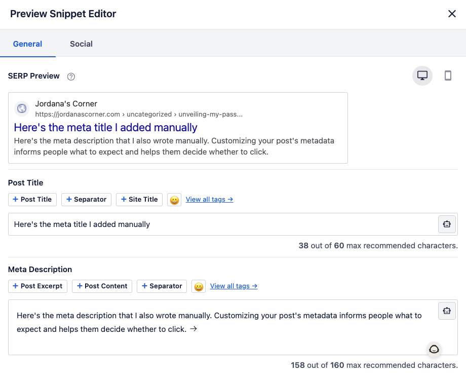 AIOSEO Preview Snippet Editor in WordPress