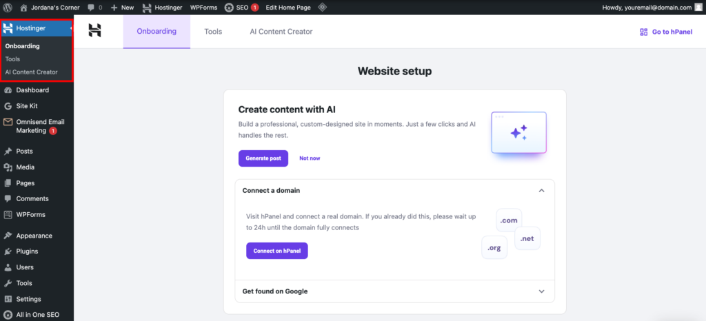 WordPress dashboard, highlighting Hostinger menu