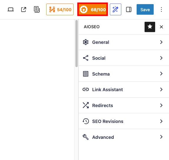 AIOSEO settings in WordPress editor