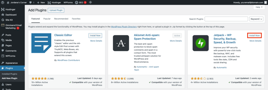 WordPress Plugins page, highlighting the button to install a plugin