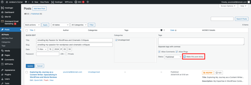 WordPress post quick edit