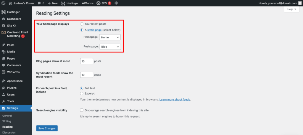 WordPress reading settings, highlighting the option to set a homepage