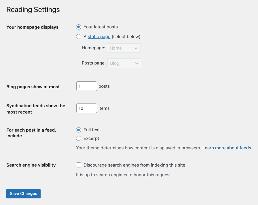 WordPress reading settings with configurations to show a sticky post as a homepage