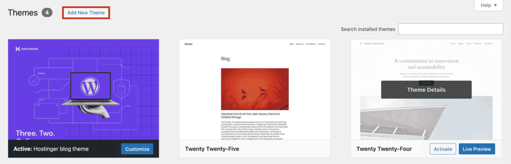 WordPress themes page, highlighting the button to add a new theme