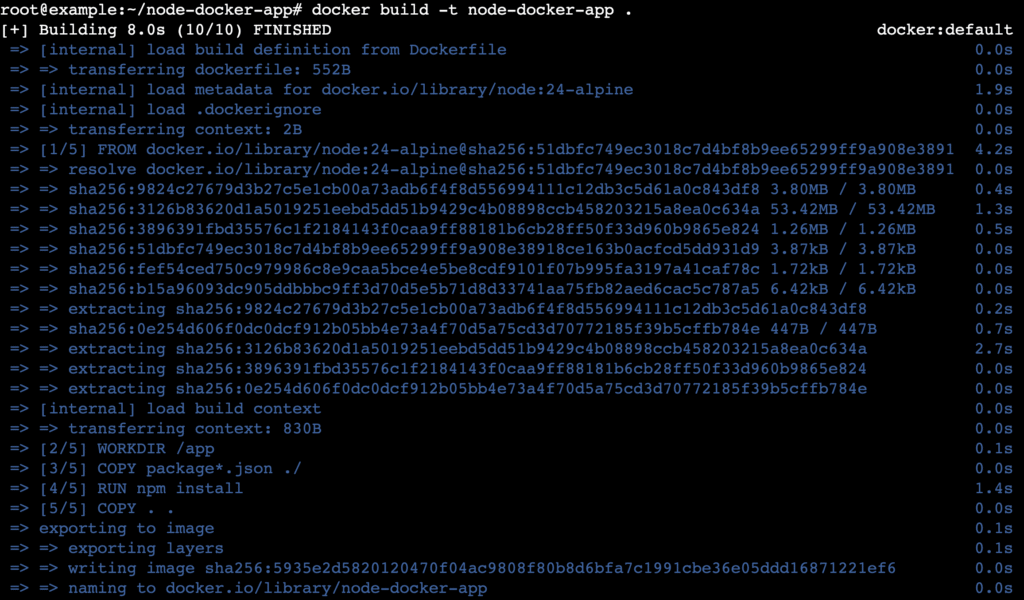 A terminal output after running the docker build command