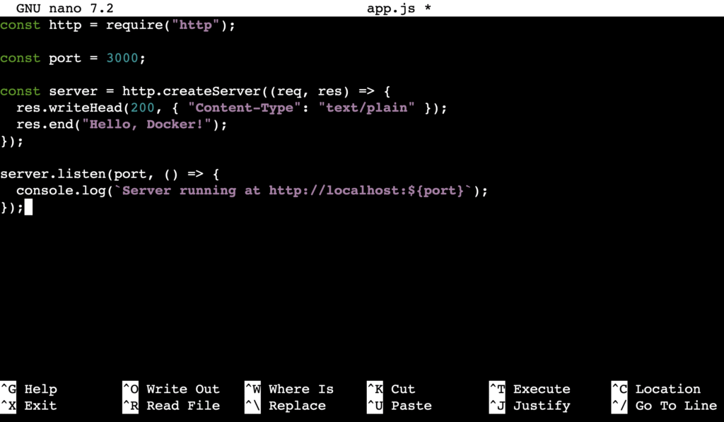 The app.js file content viewed through the nano text editor