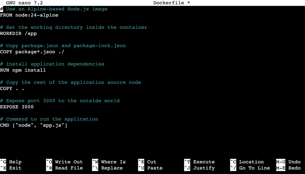 The Dockerfile file content viewed through the nano text editor