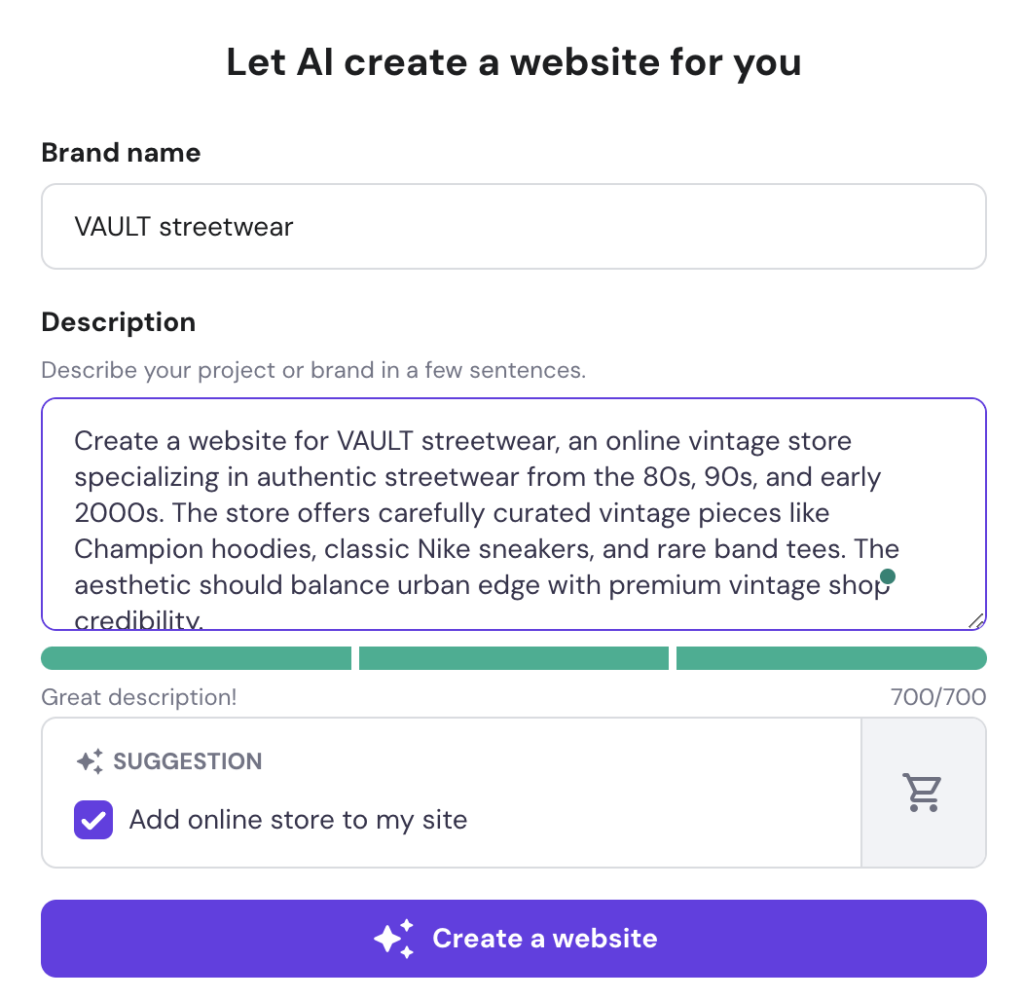 Hostinger Website Builder prompt fields