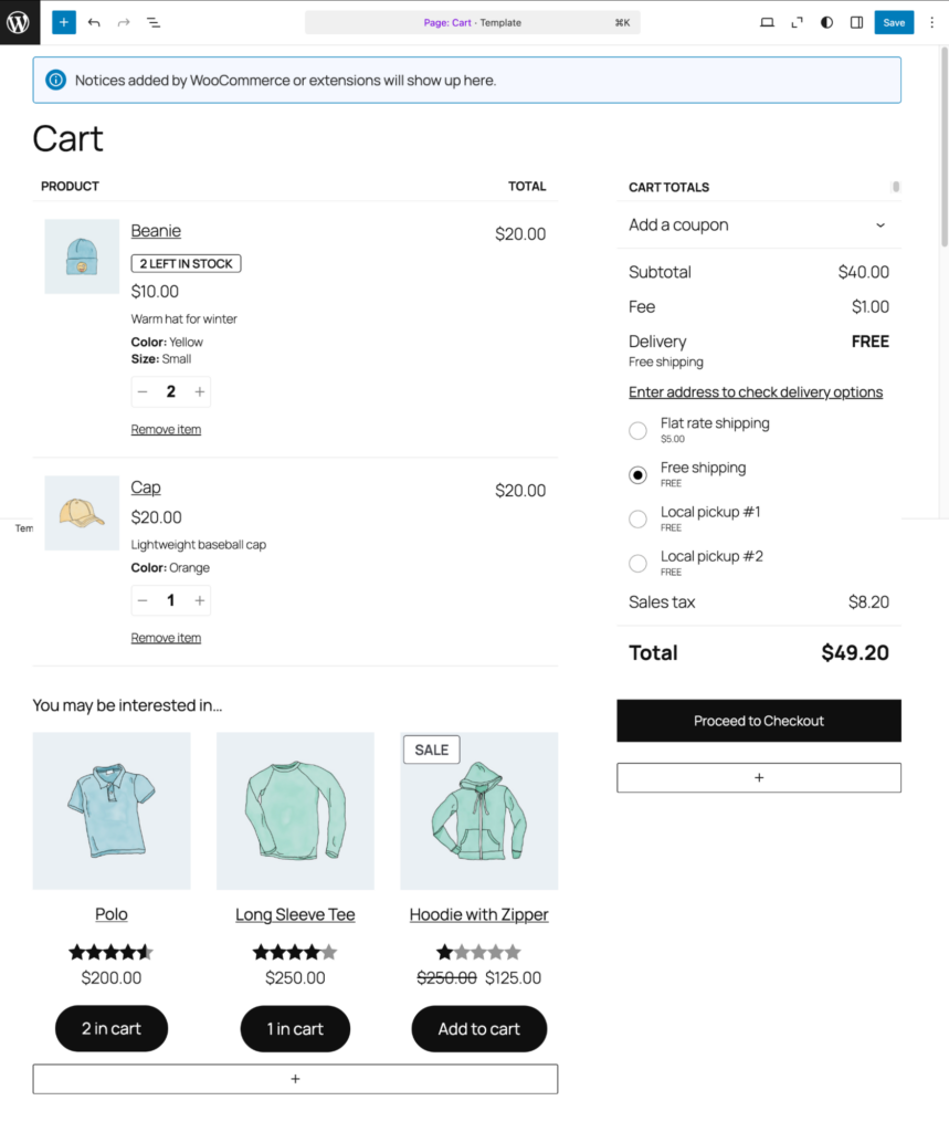 The cart template on the Gutenberg editor