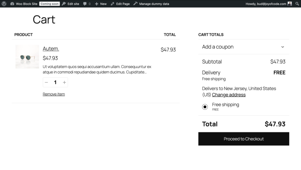 The default appearance of the cart template