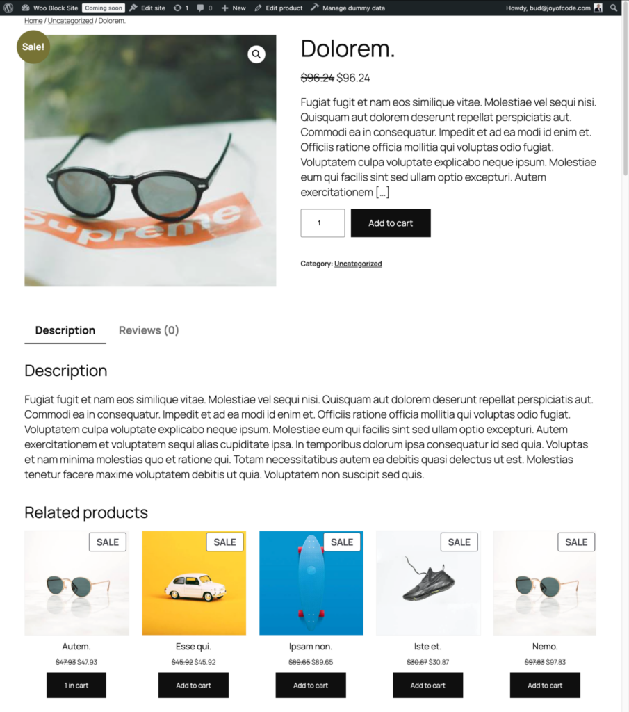 The default appearance of the single product template