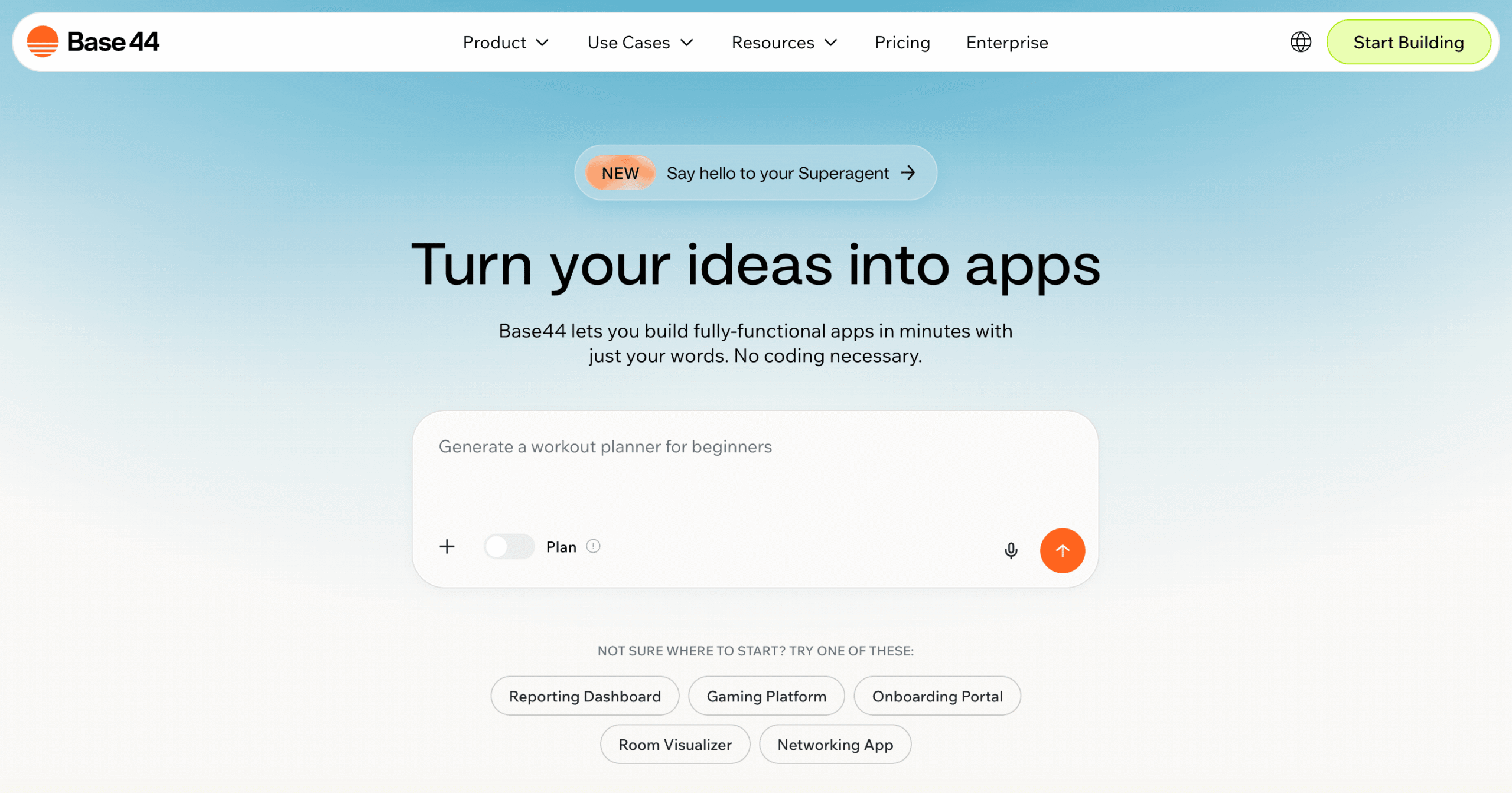 Homepage of Base44 showing chat box for prompting