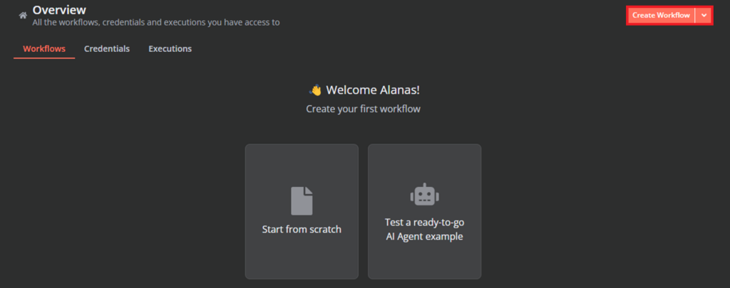 Übersichtsseite der n8n-Instanz mit hervorgehobener Option „Create Workflow“.