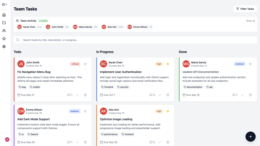 A custom task management web app interface