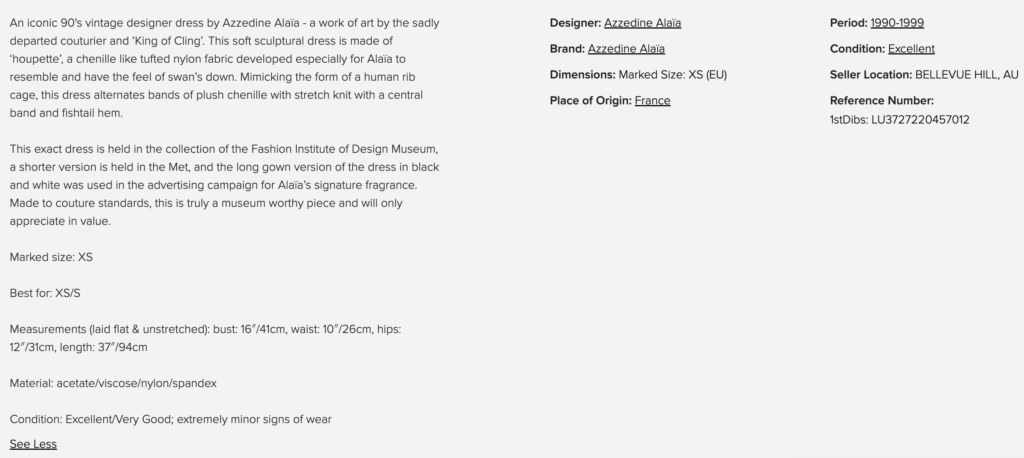 Detailed product description of a vintage designer dress on Ebay