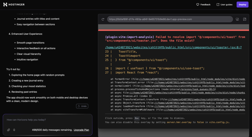 An example of an error in Hostinger Horizons
