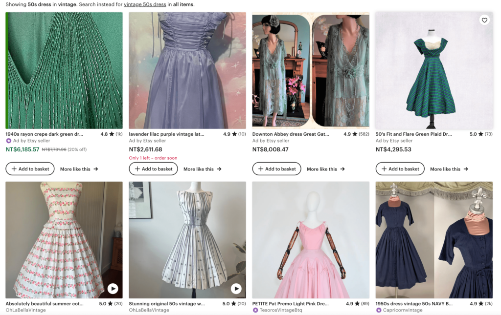 Product list with vintage dresses on Etsy