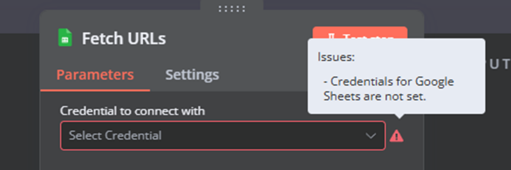 Errore di credenziali mancanti visualizzato per il nodo Recupera URL.