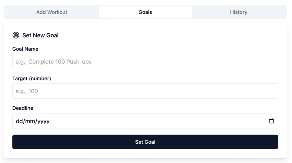 Goal setting panel of fitness web app within Hostinger Horizons