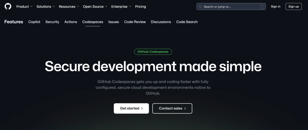 GitHub Codespaces landing page