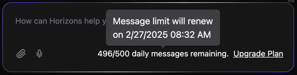 Message limit popup within working panel