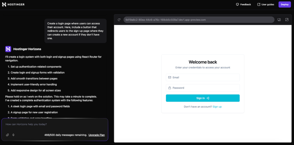 Hostinger Horizons creates a web app login page