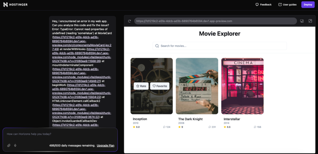 Hostinger Horizons fix the given error message