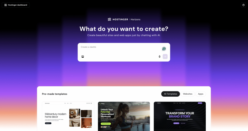 Hostinger Horizons initial prompting page