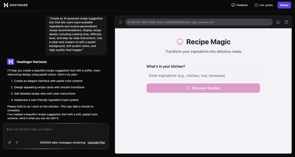 A prompt to demonstrate how to be clear and specific when using Hostinger Horizons