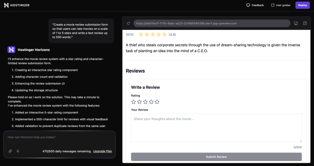 A prompt to demonstrate how to break down complex ideas when using Hostinger Horizons
