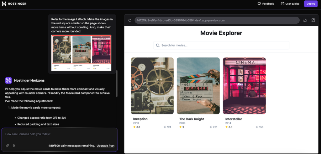 Hostinger Horizons updates a specific part of the application based on the image input