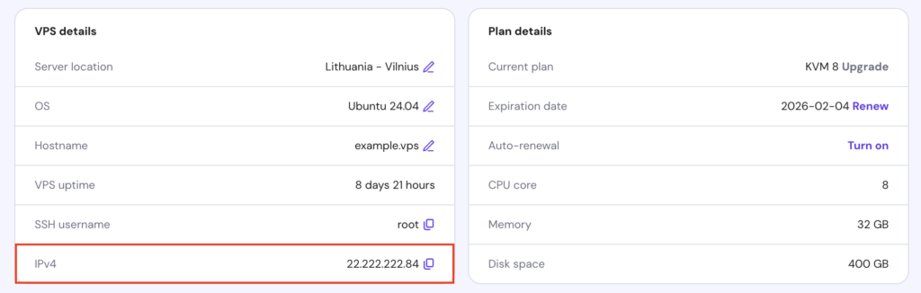 The IPv4 information in the VPS Overview page of hPanel