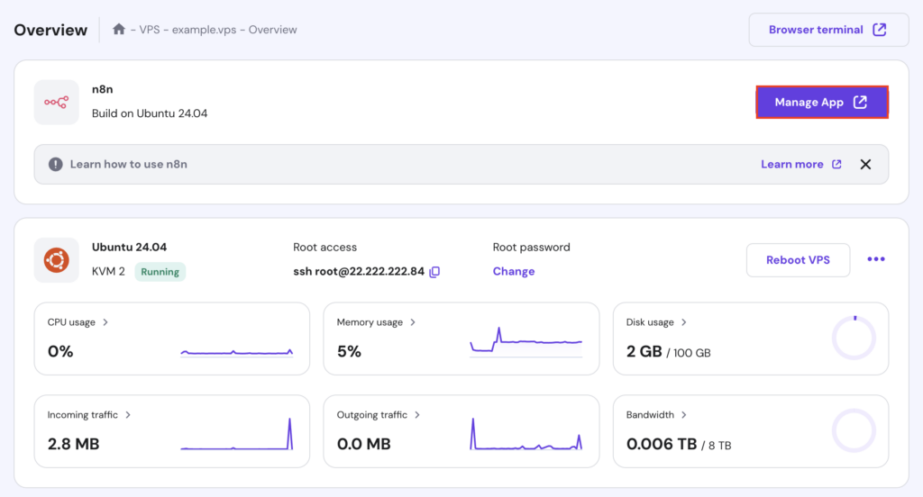 The Manage App button in the VPS Overview page of hPanel