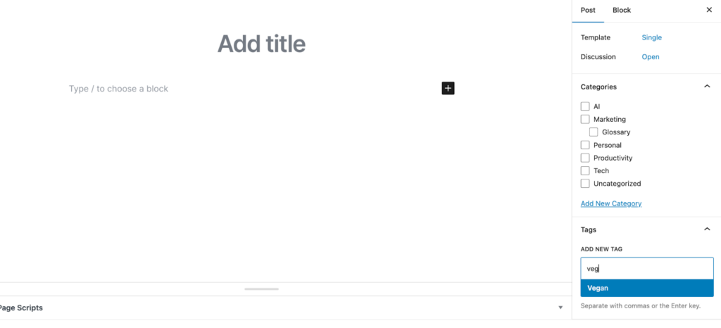 New posts page showing the tags input on the right sidebar
