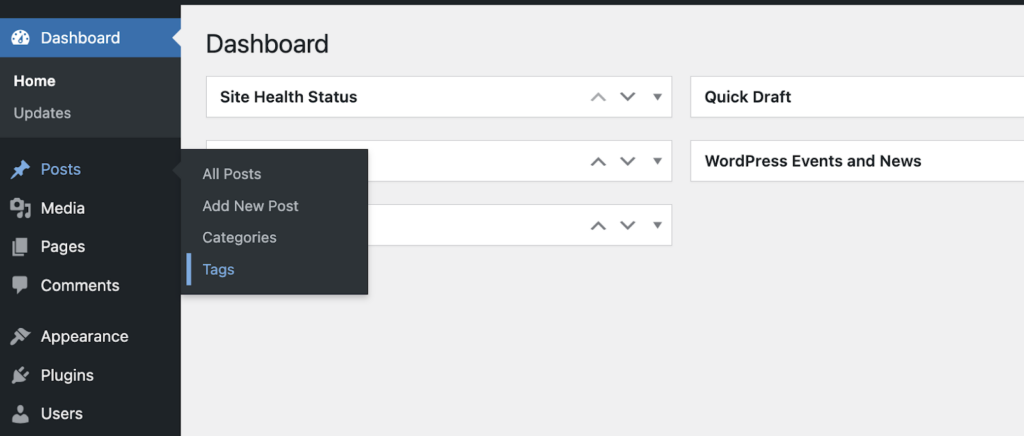 WordPress dashboard showing tags option under the posts menu
